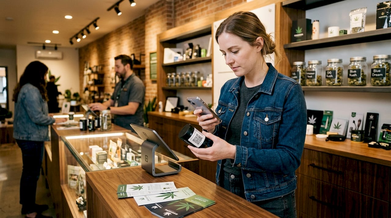 Customer examining pre-roll container in dispensary
