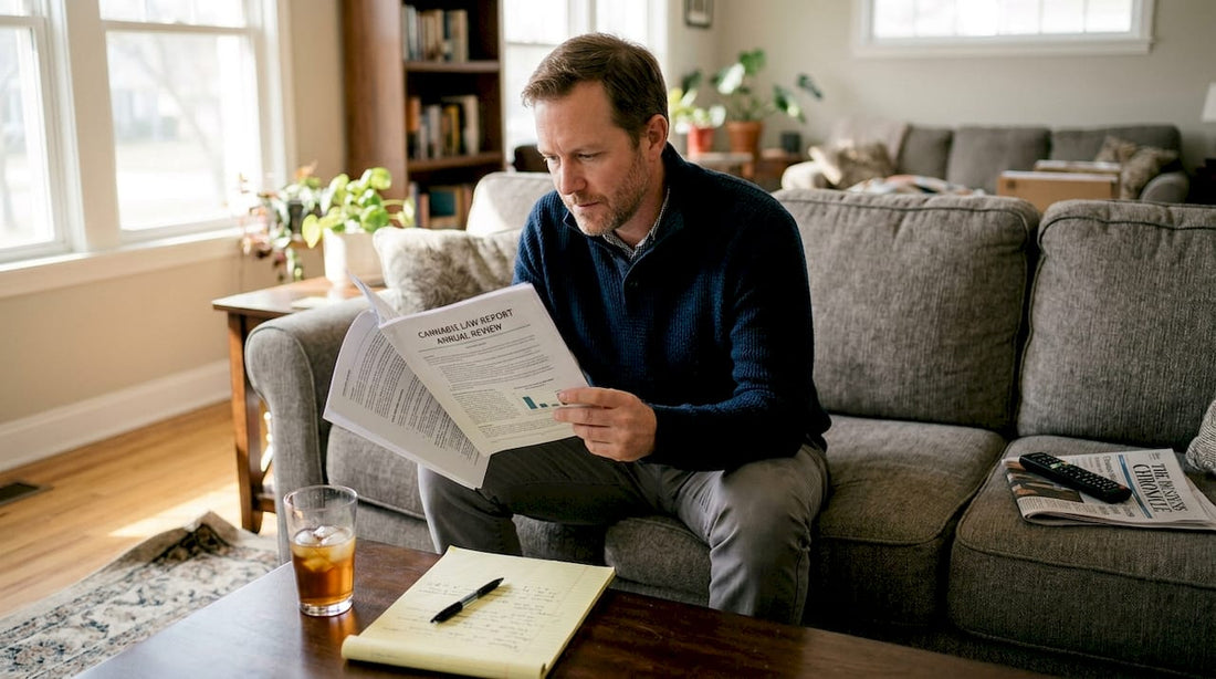 Man reading cannabis law report in living room