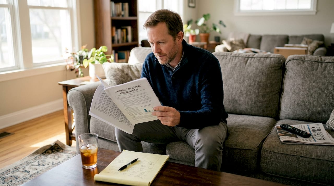 Man reading cannabis law report in living room