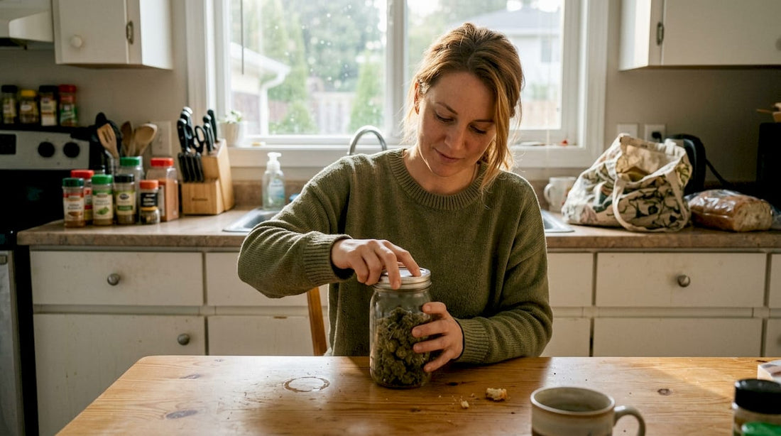 Opening a jar of cannabis flower in kitchen