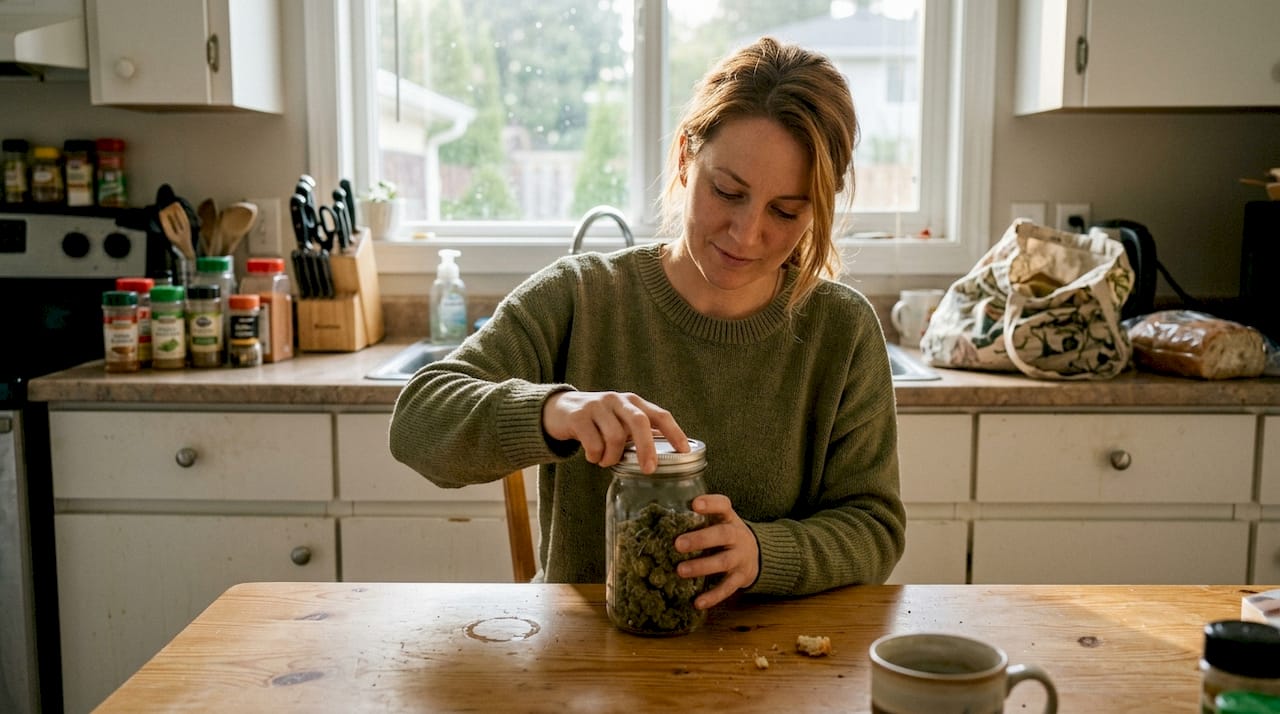 Opening a jar of cannabis flower in kitchen