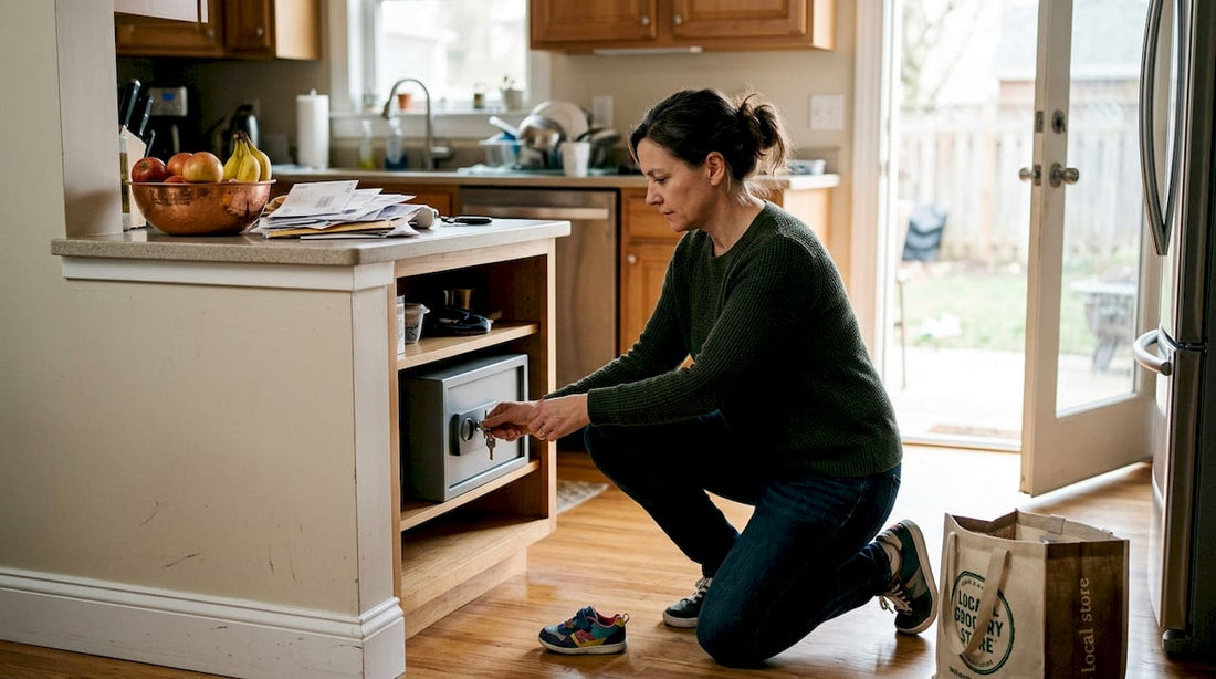 Woman locking cannabis safe in kitchen pantry