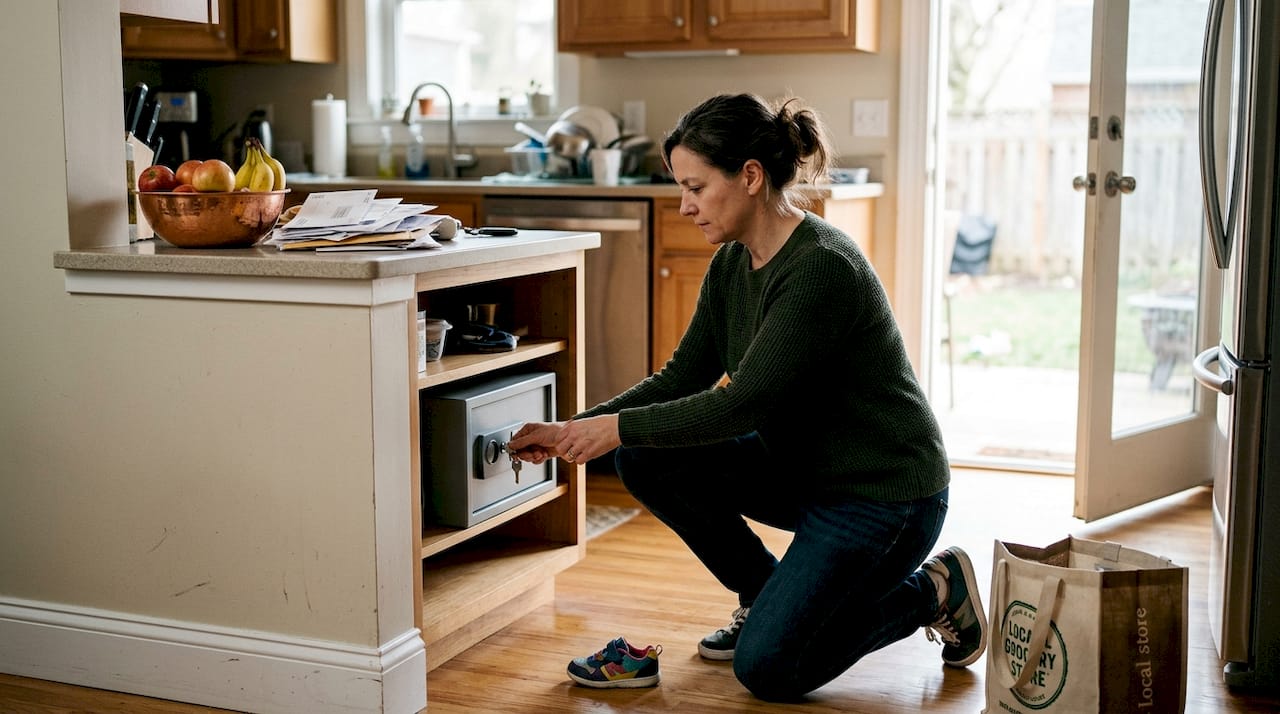 Woman locking cannabis safe in kitchen pantry