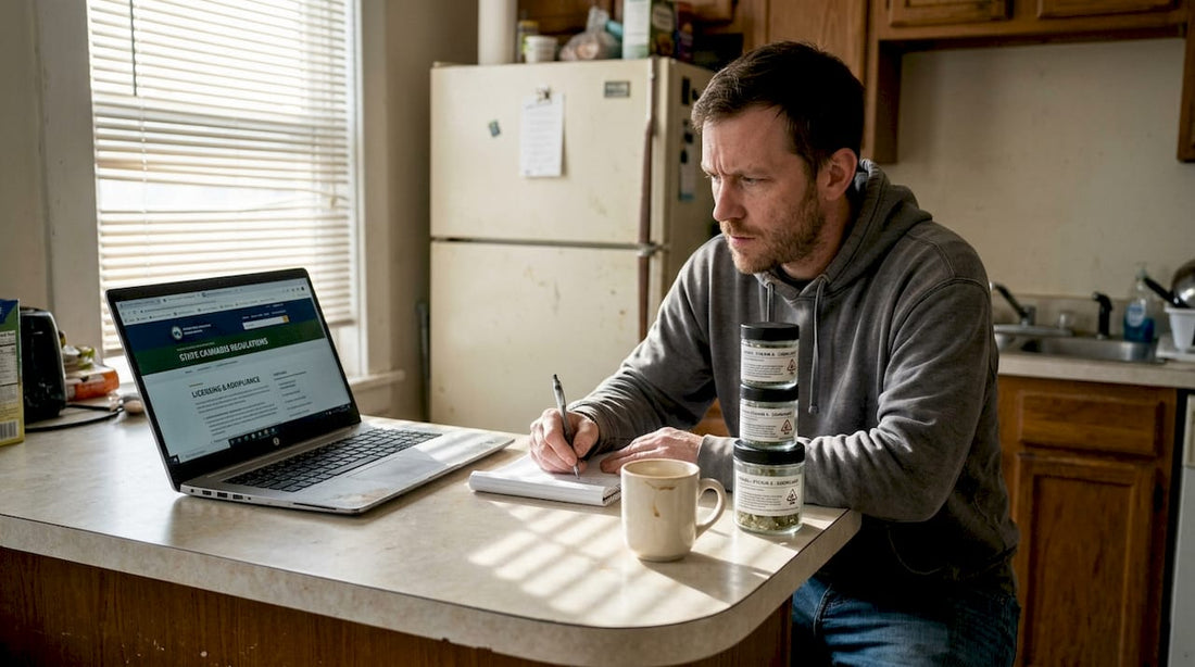 Man researching cannabis flower legal status at kitchen counter