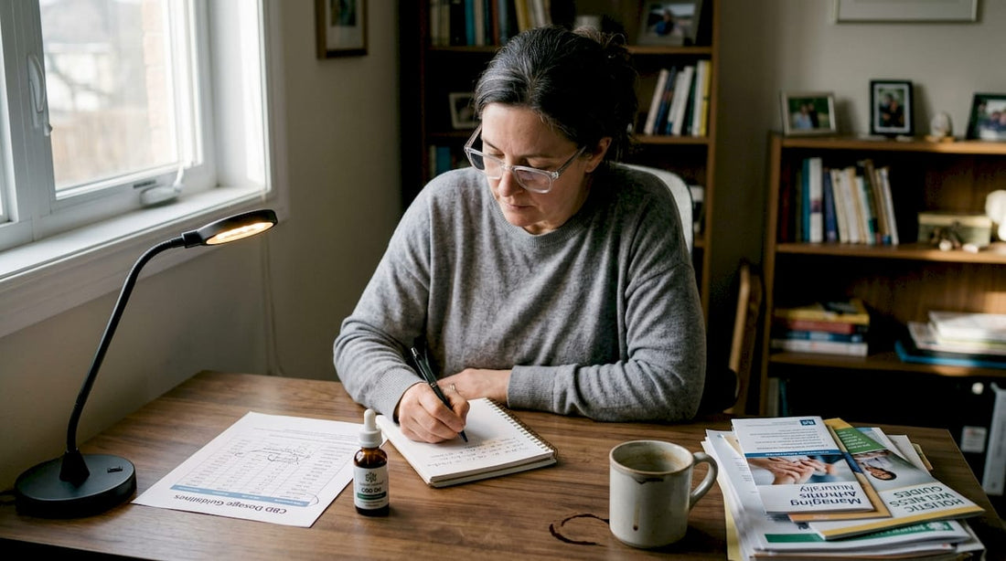 Woman tracking cannabis doses with notebook