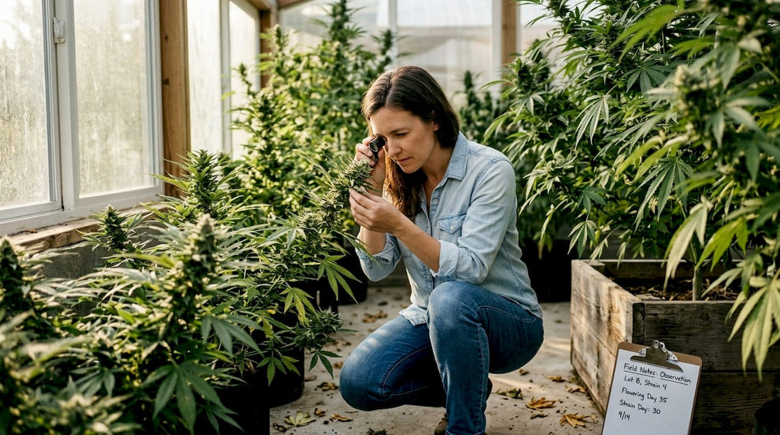 Botanist examining diverse cannabis plants in greenhouse