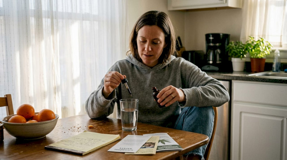 Woman measuring cannabis tincture at kitchen table
