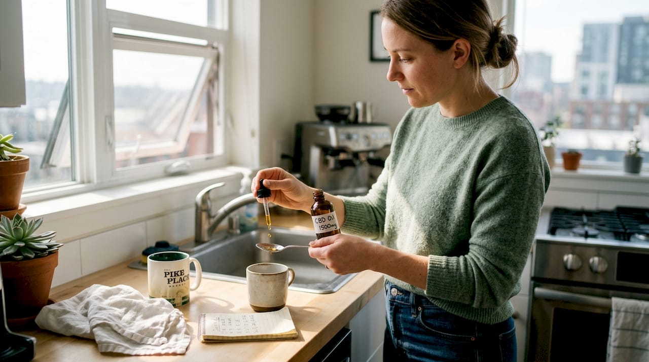 Woman measuring cannabis oil in kitchen