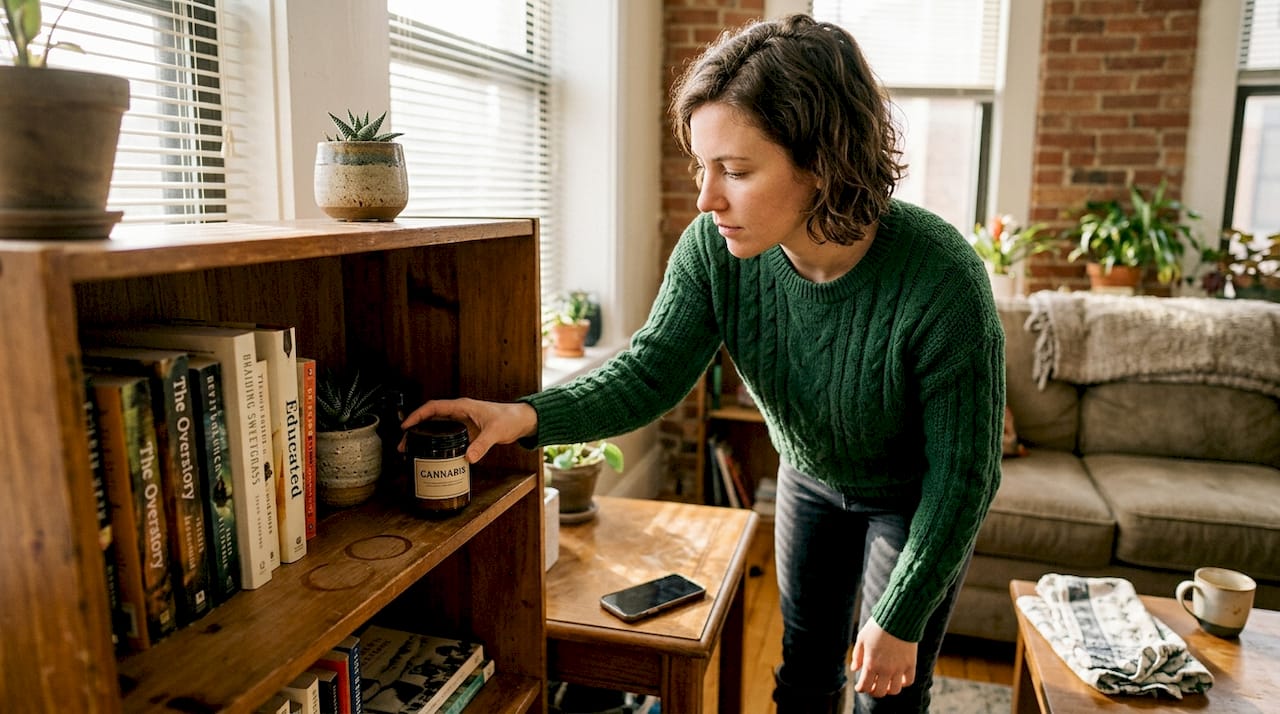 Woman storing cannabis jar on living room shelf