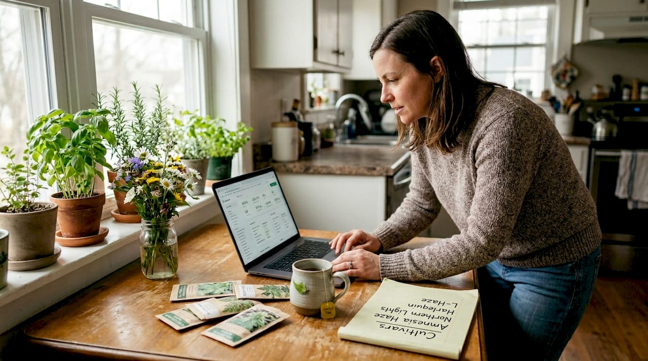 Woman researching cannabis cultivars at home table
