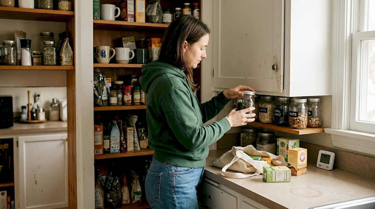 Woman storing cannabis flower in pantry jar
