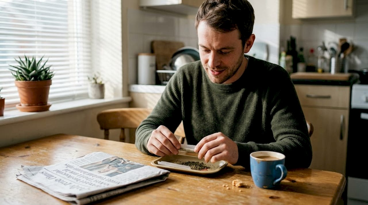 Man rolls hemp pre-rolls at kitchen table