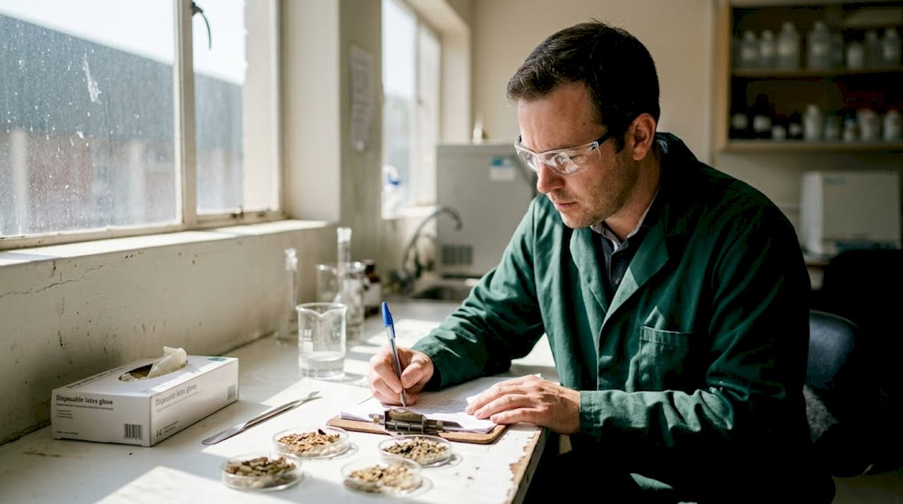 Scientist examining cannabis flower samples in lab