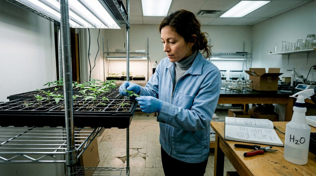 Botanist examining cannabis seedlings in laboratory