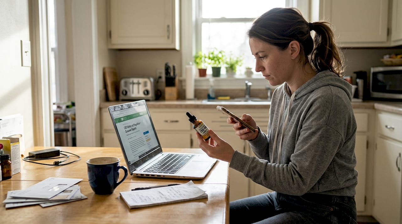 Woman researching CBD safety at kitchen table