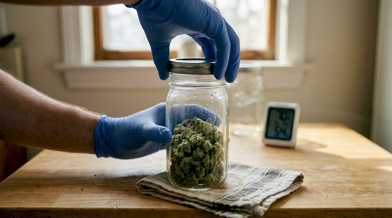 Hand opening glass jar with curing cannabis