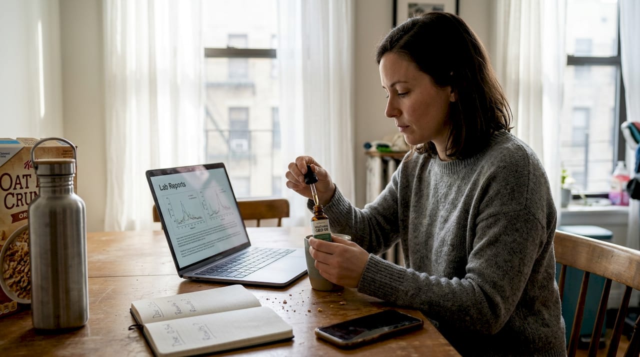 Woman weighing CBD oil at kitchen table