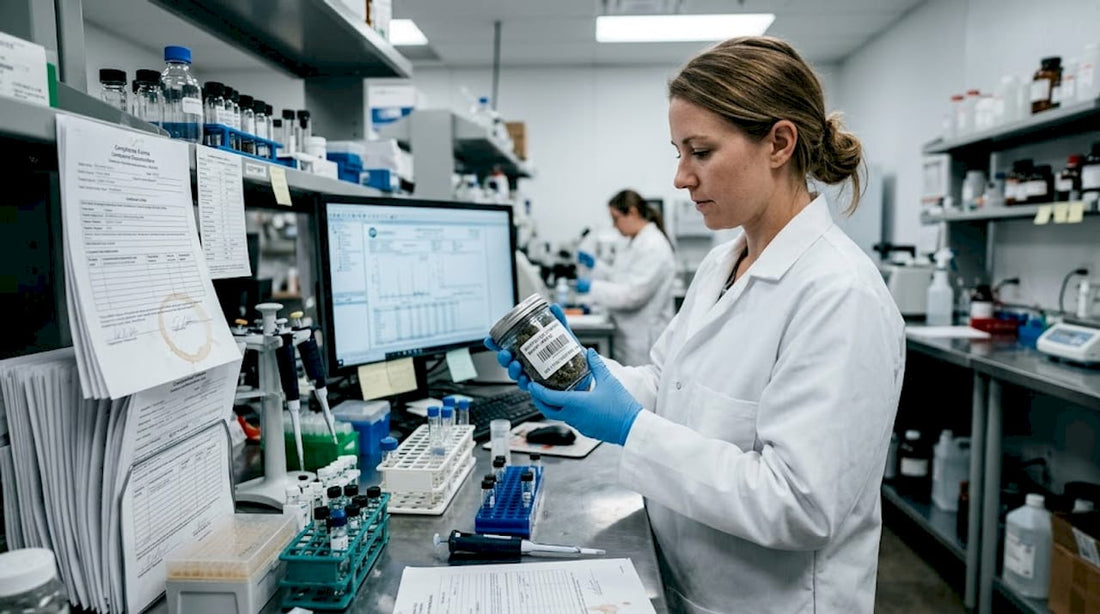 Lab technician inspecting cannabis product jar