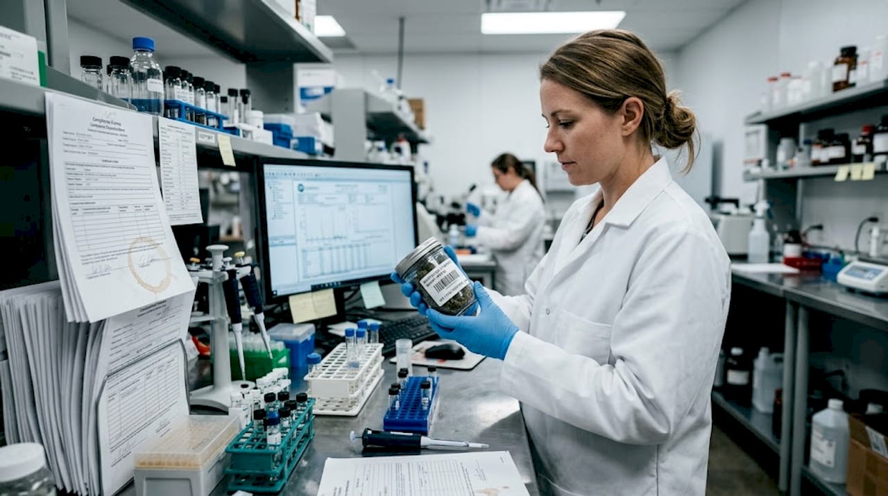 Lab technician inspecting cannabis product jar