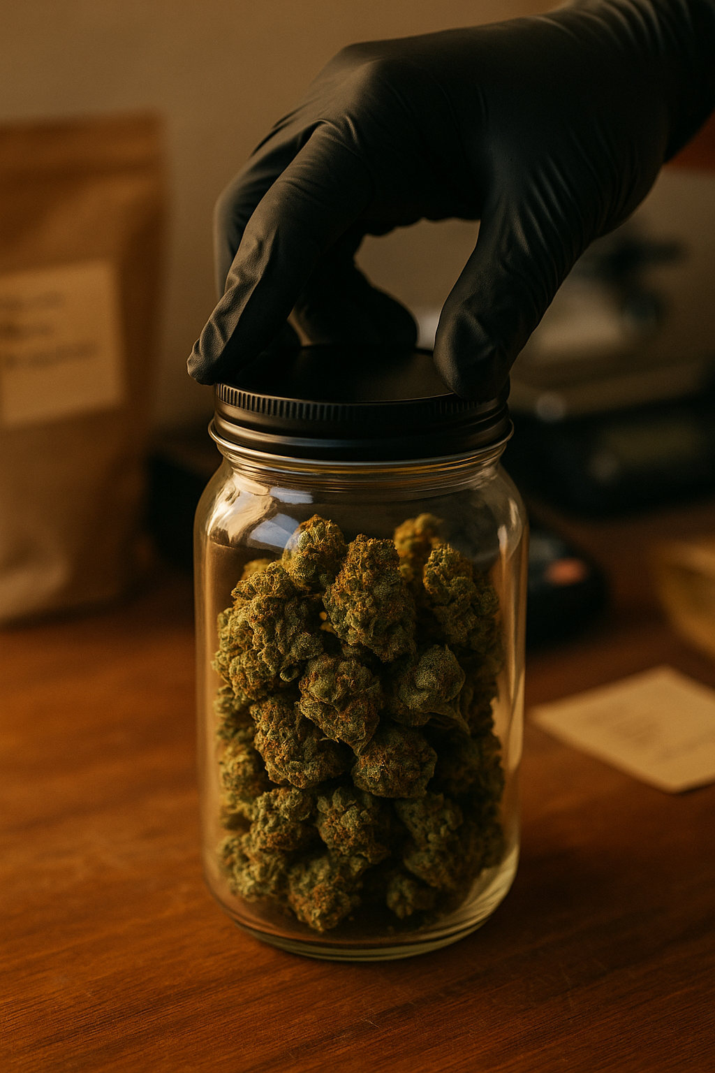 A close-up of a gloved hand sealing a glass jar filled with dense, trichome-covered cannabis flower, captured in warm natural light. The background shows a blurred workspace with packaging supplies and handwritten labels, emphasizing small-batch production and craft cannabis culture.