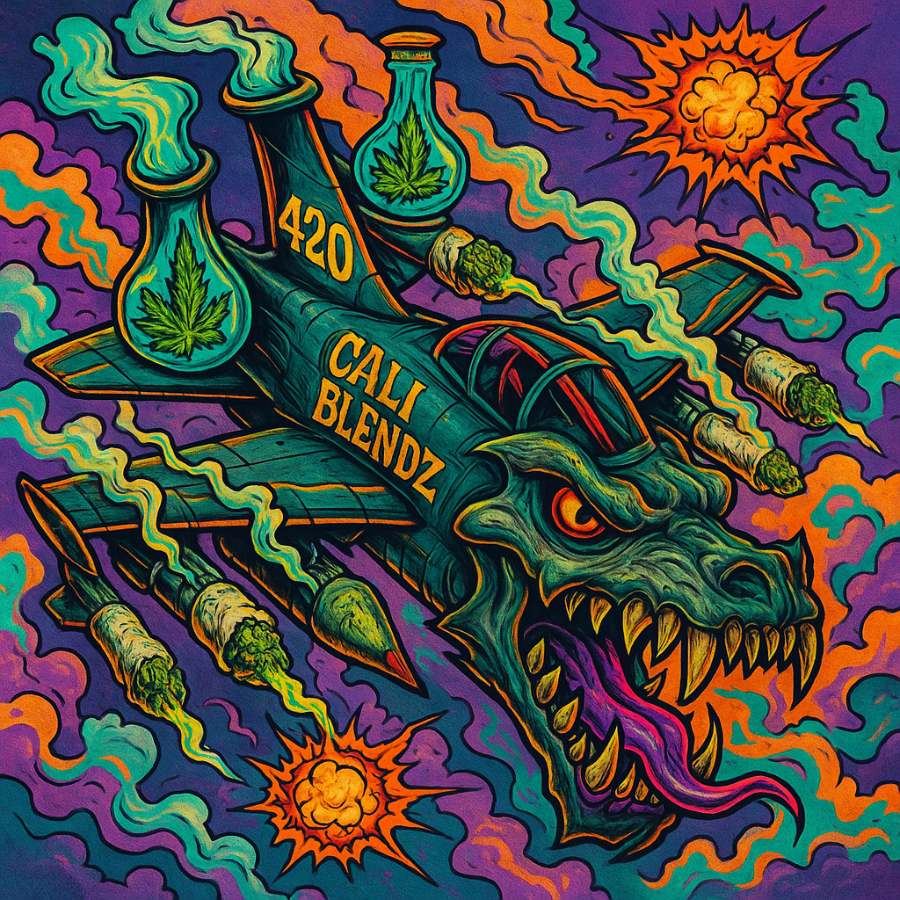 Bold and psychedelic Jet Fuel THCa strain artwork featuring a dragon-jet hybrid labeled 'Cali Blendz 420' with joints and bubbling lab flasks emitting smoke—visualizing high potency and explosive effects.