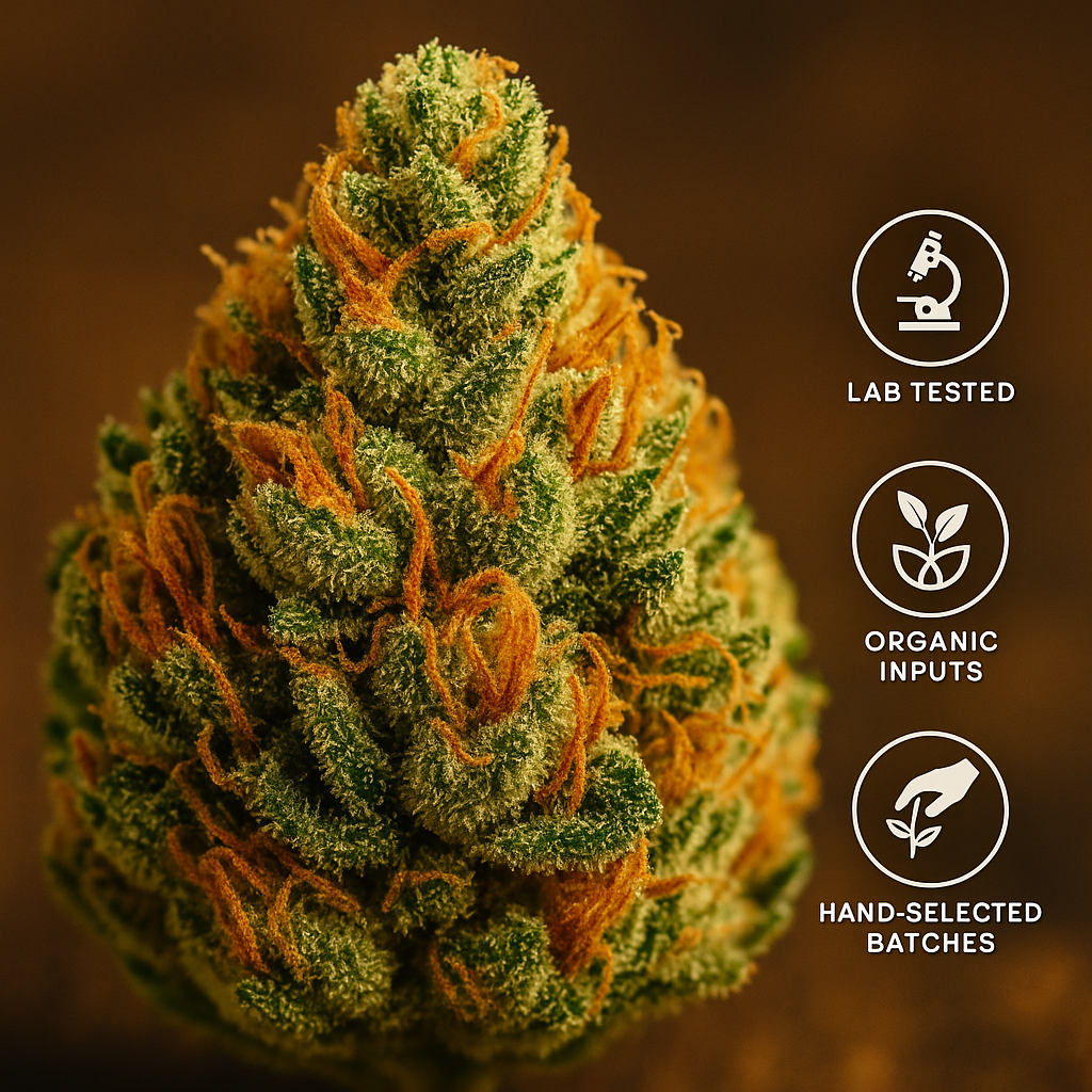 Macro photograph of a dense cannabis bud covered in frosty trichomes and orange pistils, with quality assurance icons for “Lab Tested,” “Organic Inputs,” and “Hand-Selected Batches” displayed alongside. Represents California Blendz’s commitment to clean, premium hemp flower.