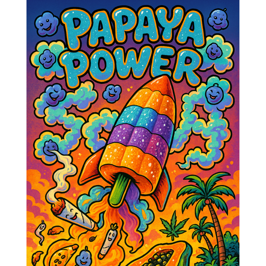 Colorful cartoon-style art of Papaya Power THCa strain as a rocket popsicle blasting off, surrounded by happy smoke clouds, tropical fruits, and palm trees—emphasizing its fruity terpene profile and uplifting effects